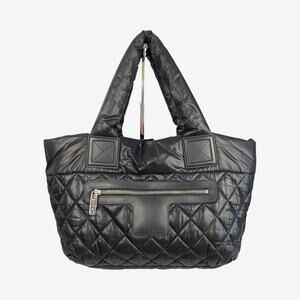 Chanel Coco Cocoon Black Quilted Nylon Tote Bag Silver Hardware Leather Trim